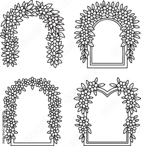 Set of Floral archways Outline vector illustration isolated On Transparent Background