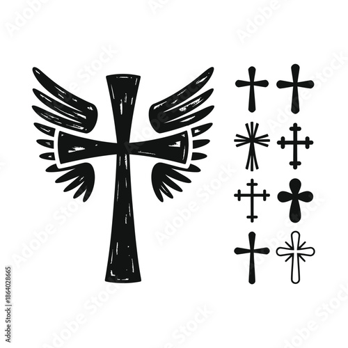Diverse collection of Christian cross symbols including a large winged cross and smaller variations