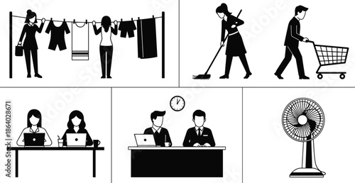 Set of black vector pictograms showing daily activities including household chores, shopping, office work, and electric fan isolated on white
