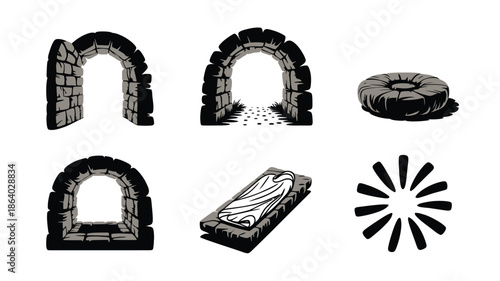Grayscale religious icons showcase stone archways, a sealed tomb, and a radiant starburst symbol