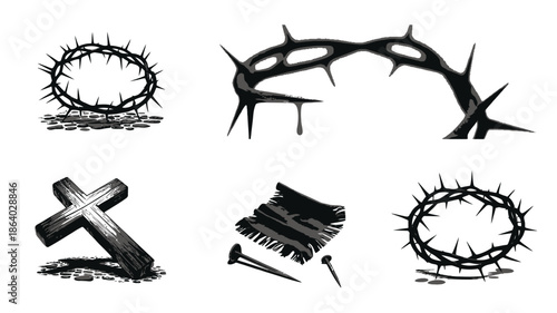 Grayscale illustrations portray significant symbols of Christs sacrifice like crowns of thorns, wooden crosses, and crucifixion nails