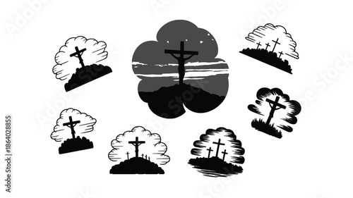 Group of cloud inspired shapes containing solitary and multiple crosses, one featuring a crucified figure