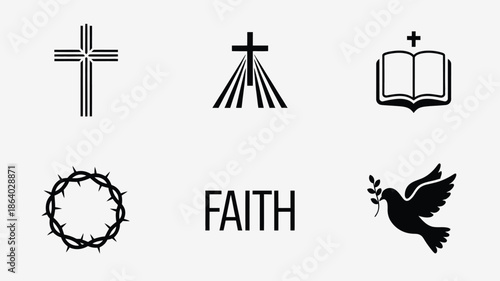 Minimalist black and white Christian icons including crosses, a Bible, crown of thorns, and a dove with olive branch