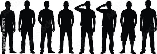 Set of black vector silhouettes showing a group of men and soldiers standing in a row, some saluting, isolated on white