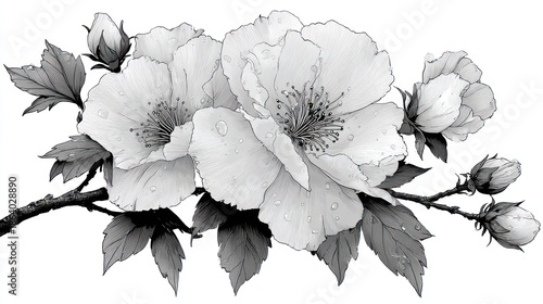 Delicate monochrome floral arrangement of blossoms and buds on a branch