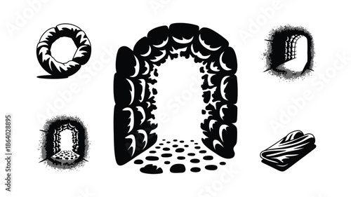 Monochrome illustrations depict ancient stone arches, mysterious cave entrances, and a wrapped figure