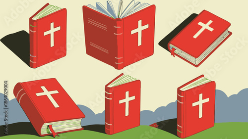 Multiple red holy Bibles with white crosses are positioned in various states on a gentle grassy slope