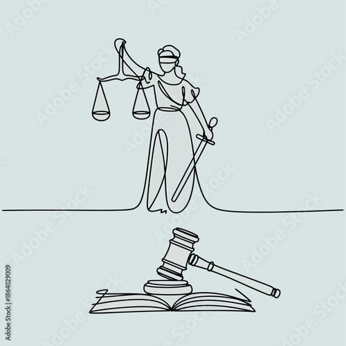 Lady justice with scales sword and a gavel with open law book