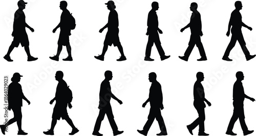 Set of black vector silhouettes showing men walking in side view, wearing casual clothes, isolated on white background for design