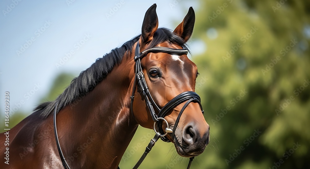 Obraz premium Elegant Brown Horse with Bridle and Focused Gaze.