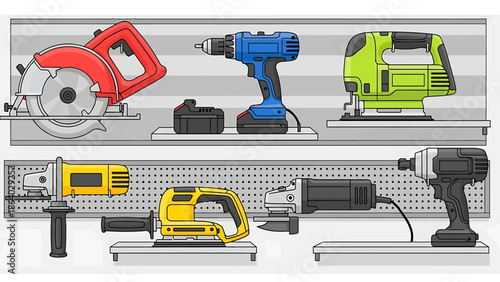 Comprehensive display of essential power tools organized neatly on a workshop pegboard, illustrating various equipment for construction, renovation, and DIY projects