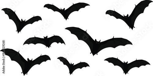 Set of eight flying black bat silhouettes vector illustration isolated on white background for spooky Halloween night party design.