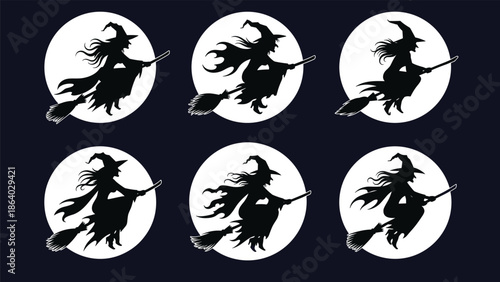 Set of Halloween witch silhouettes flying on broomstick against full moon background vector illustration for spooky night party design.