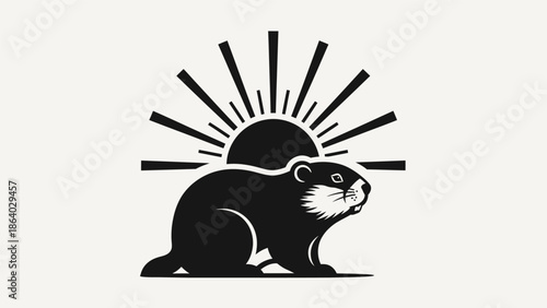 Groundhog Day celebration with a marmot silhouette and rising sun, symbolizing the arrival of spring.