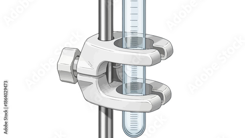 Laboratory equipment with test tube and clamp on white background