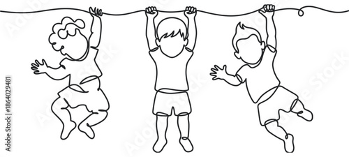 Three children hanging from a clothesline in a minimalist line art illustration