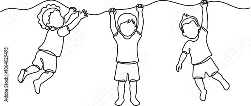Line drawing illustration of three children hanging from a horizontal bar, showcasing childhood fun and activity