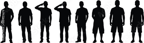 Set of standing men silhouettes, casual male figures in different poses, saluting and waiting, isolated on white background, vector.