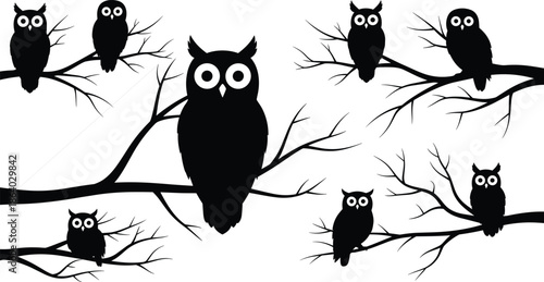 Set of vector black owl silhouettes, sitting on bare tree branches, isolated on white background, for Halloween decoration and design