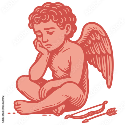 A sad, lonely Cupid sits with his bow and arrow. Vector illustration in a vintage, hand-drawn, woodcut or engraving art style. Heartbreak concept.