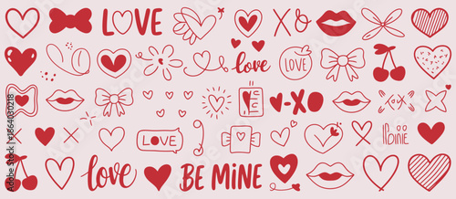 Collection of Romantic Doodle Icons featuring Hearts, Kisses, Cherries, and Love Sayings for Valentine's Day and Celebrations