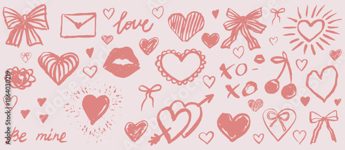 Artistic collection of sweet hand-drawn hearts, bows, and love-themed doodles, ideal for expressing affection and creating heartfelt designs