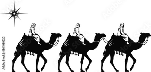 Three wise men riding camels silhouette vector illustration following star of Bethlehem for Christian Christmas nativity scene religious design concepts.