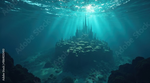 Underwater Castle Surrounded by Coral Reefs in Deep Blue Ocean Scene
