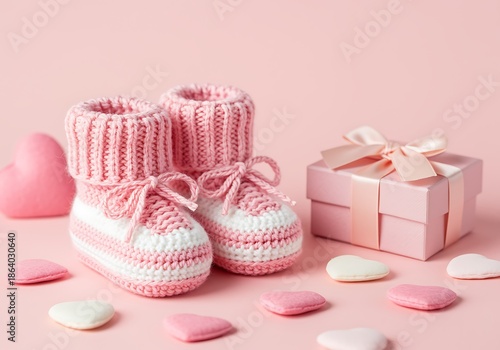 pink baby booties and gift box with macarons on pink background