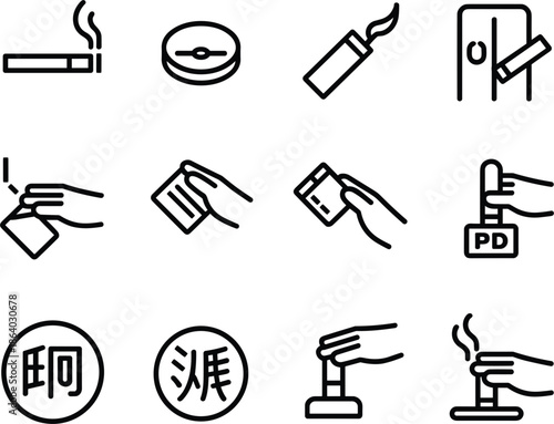Set of 12 Line Art Icons for Smoking and Stamping Actions Keywords: cigarette, smoking, ash