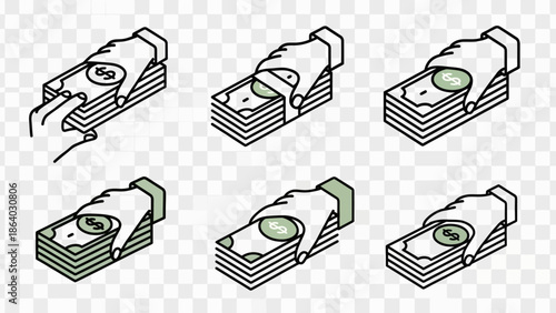 Hands Holding Stacks of Money Bills in Isometric View.
