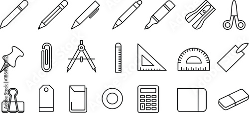 Stationery and Office Supplies Icon Set with Writing and Measuring Tools Keywords: stationery