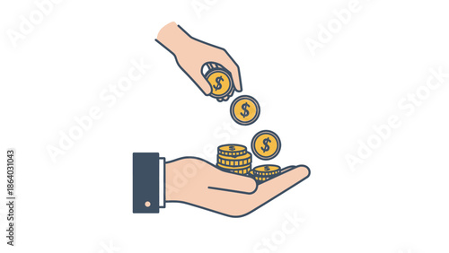 Hands exchanging coins for financial transactions and investments.