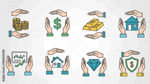 Hands protecting various assets like money gold house and diamonds.