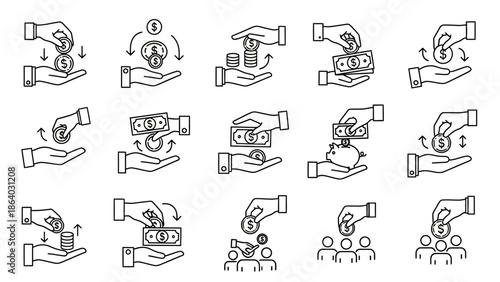 Collection of Hand Drawn Icons Illustrating Financial Transactions and Money Management.