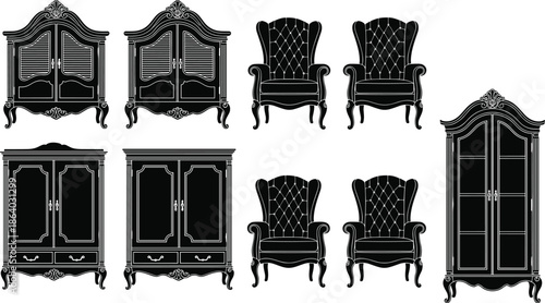 vAntique furniture silhouette vector illustration set, collection of vintage armchairs and wooden cabinets isolated on white background for home interior design