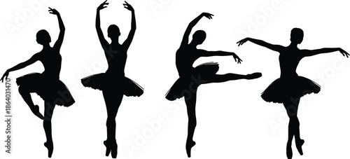 Ballet dancer silhouette vector illustration set, elegant ballerina in tutu performing different dance poses isolated on white background