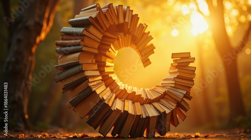 Spiral Book Sculpture Made of Wooden Books in Warm Sunset Light in Forest