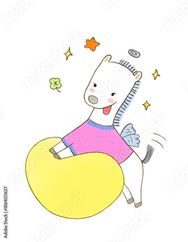 happy cute horse angel riding heart, playful pastel illustration. minimal and mild hand drawn style . white background.