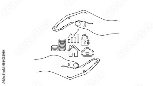 Hands Protecting Financial Assets and Property with Security Icons.