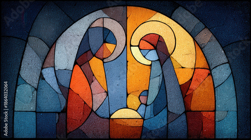 stained glass window in abstract style depicts the Nativity with Mary, Joseph, and baby Jesus in rich hues of blue, orange, and gold, symbolizing sacred love and devotion