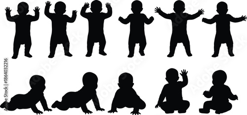 Cute baby silhouette vector illustration set, black figures of infants crawling, sitting and standing isolated on white background