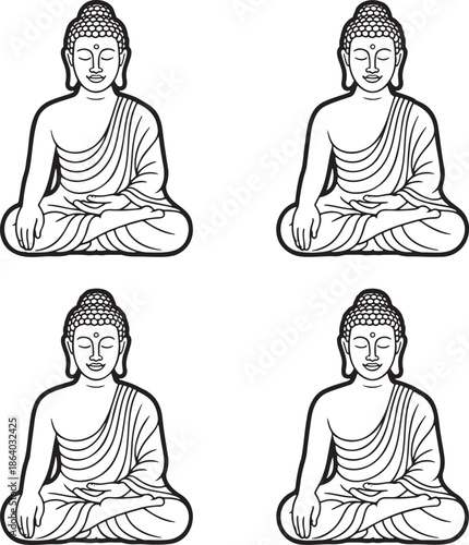 Set of Meditating Buddha Outline vector illustration isolated On Transparent Background