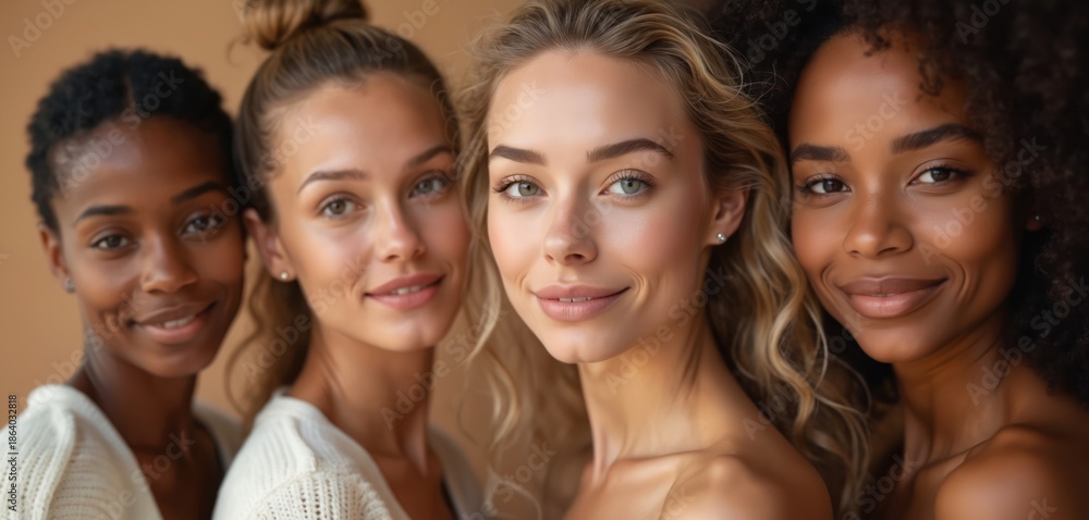 Obraz premium Diverse women friends with healthy skin pose together. They share smiles, conveying natural beauty and positive vibes. This represents friendship, wellness, and skin care.