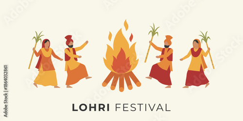 Flat vector illustration of people celebrating the Lohri festival, dancing around bonfire