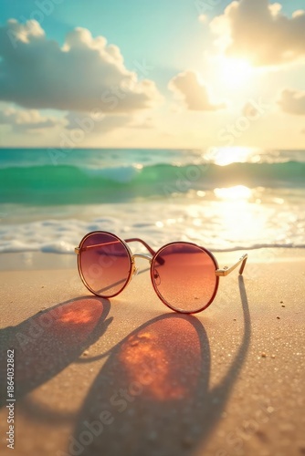 Wallpaper Mural Stylish sunglasses reflecting summer sun on a beach, vibrant colors and carefree vibes Perfect for travel, vacation, and summer holiday themes , nature, travel, summertime Torontodigital.ca
