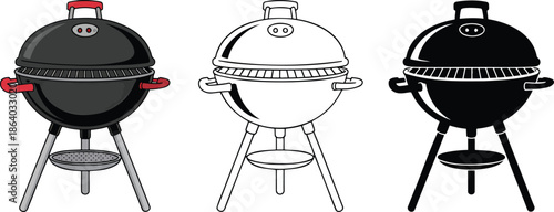 Barbecue grill silhouette & Outline and illustration set isolated on transparent background