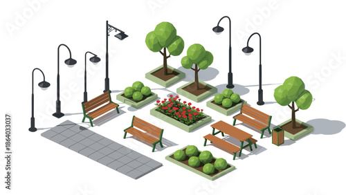 Isometric city park elements set, street lamps benches trees garden furniture, urban outdoor landscape design illustration, modern vector assets collection