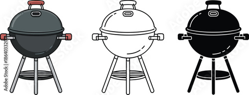 Barbecue grill silhouette & Outline and illustration set isolated on transparent background