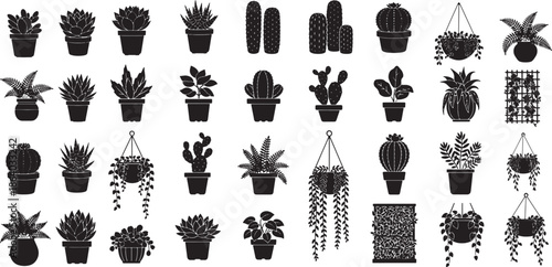 An assortment of potted plants in various shapes and sizes. Silhouette style.